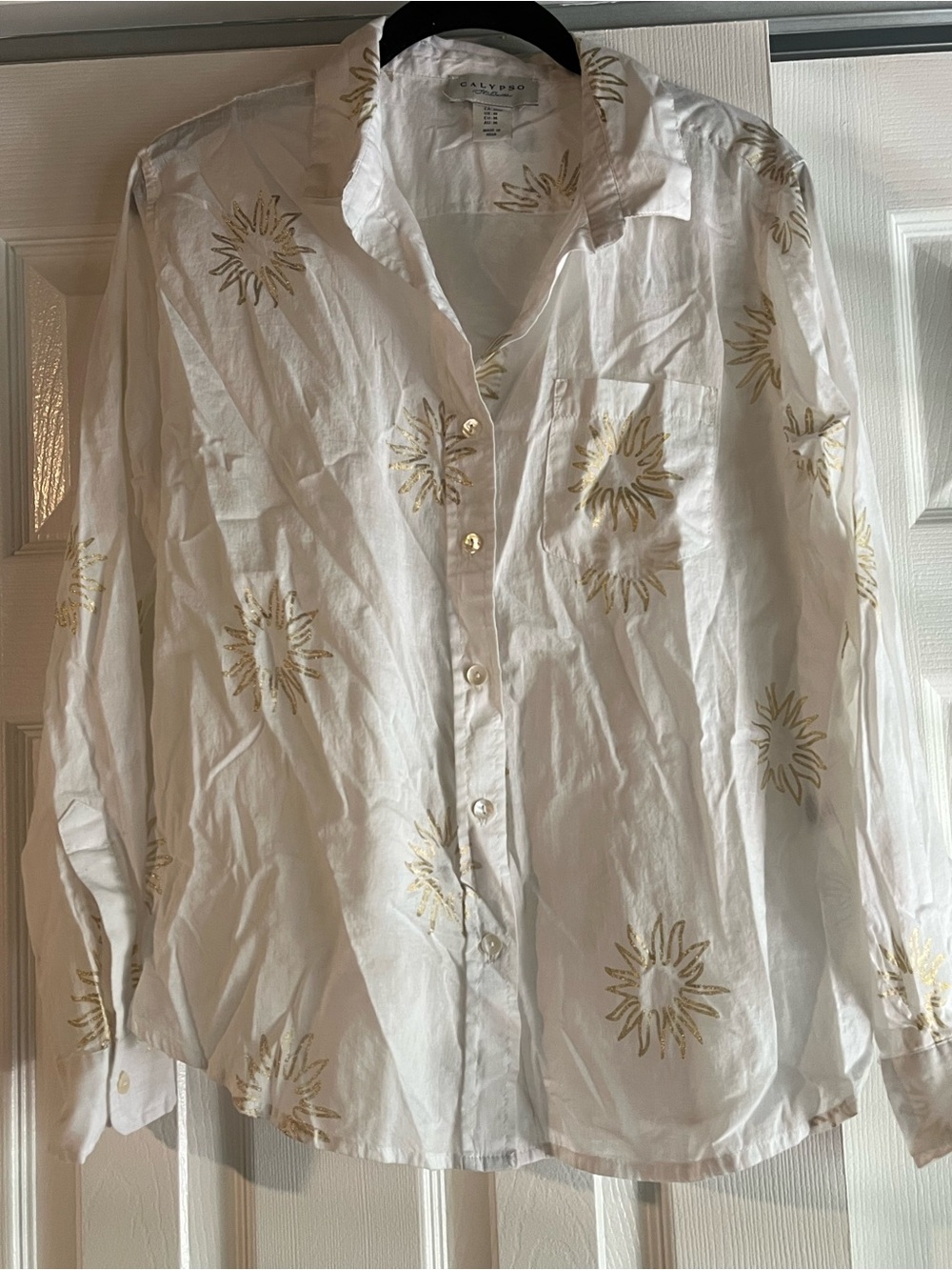100% Cotton Calypso St. Barth White Button-Down Shirt with Gold Sunbursts